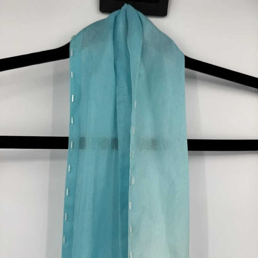 Gap Scarf Womens One Size Blue Silk Beaded‎ Fringe Rectangle Chiffon Lightweight